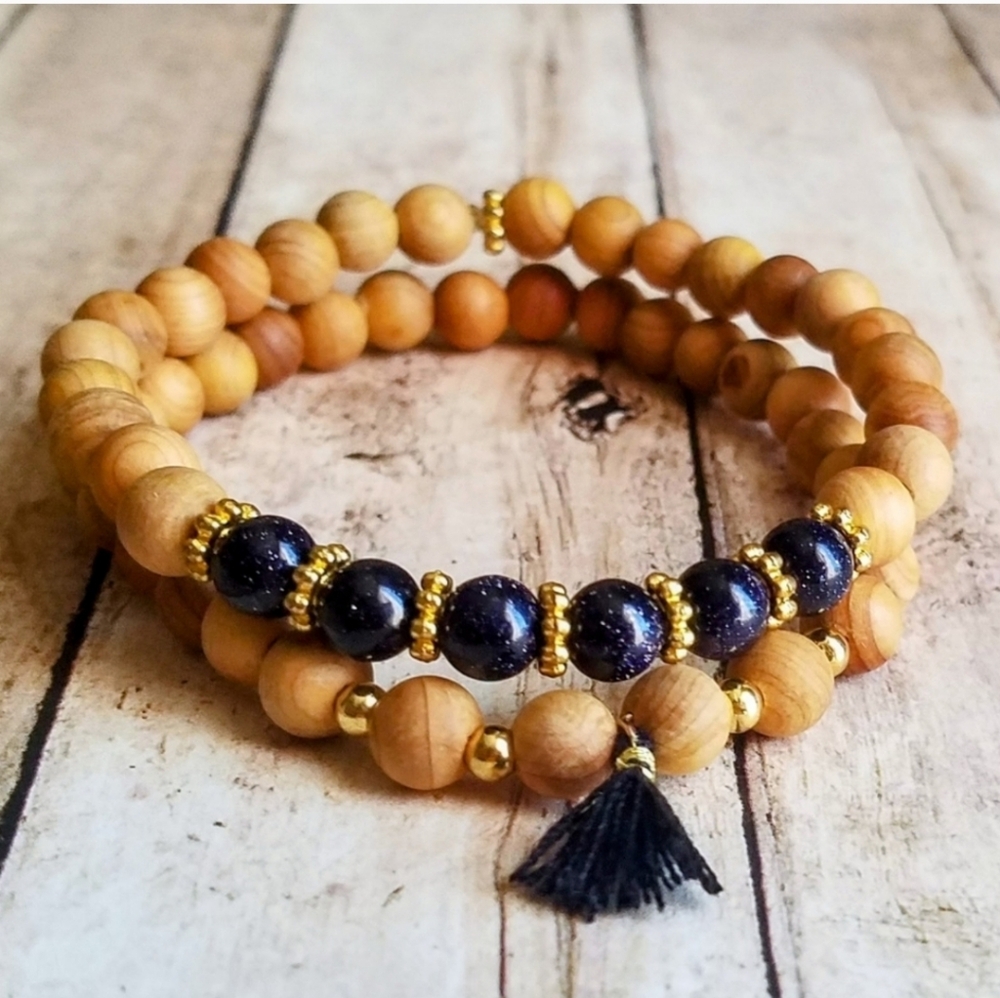 Blue Goldstone + Sandalwood Bracelets